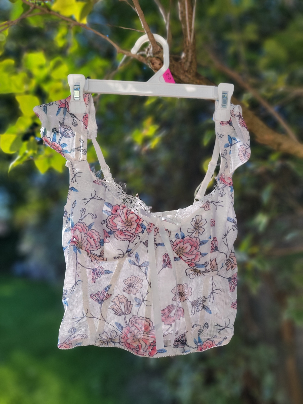 Floral Tie-Front Ruffle Strap Crop Top - White~Pink~Floral